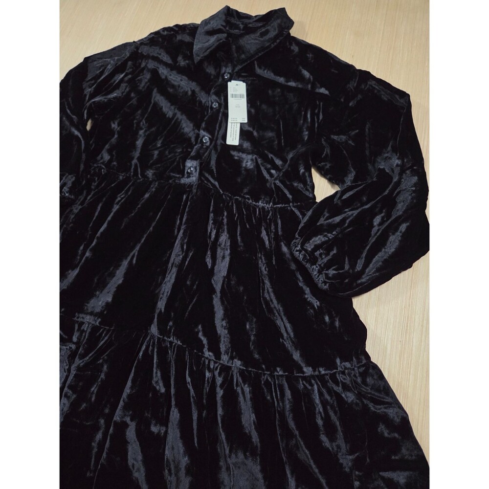 NEW Anthropologie by Maeve Bettina Tiered Shirt Dress Velvet Edition Black XXS